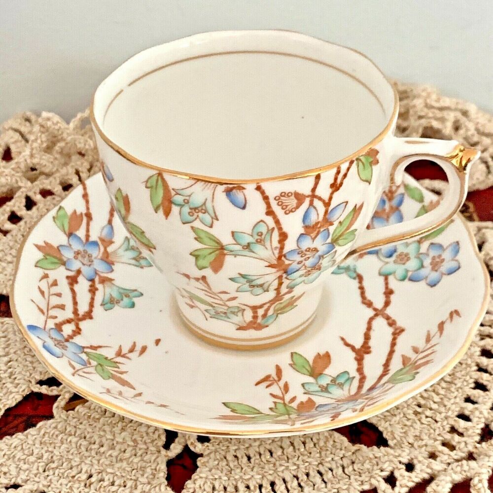 Bone China Tea Cup Saucer Duo Roslyn Picta circa 1950s Vintage England